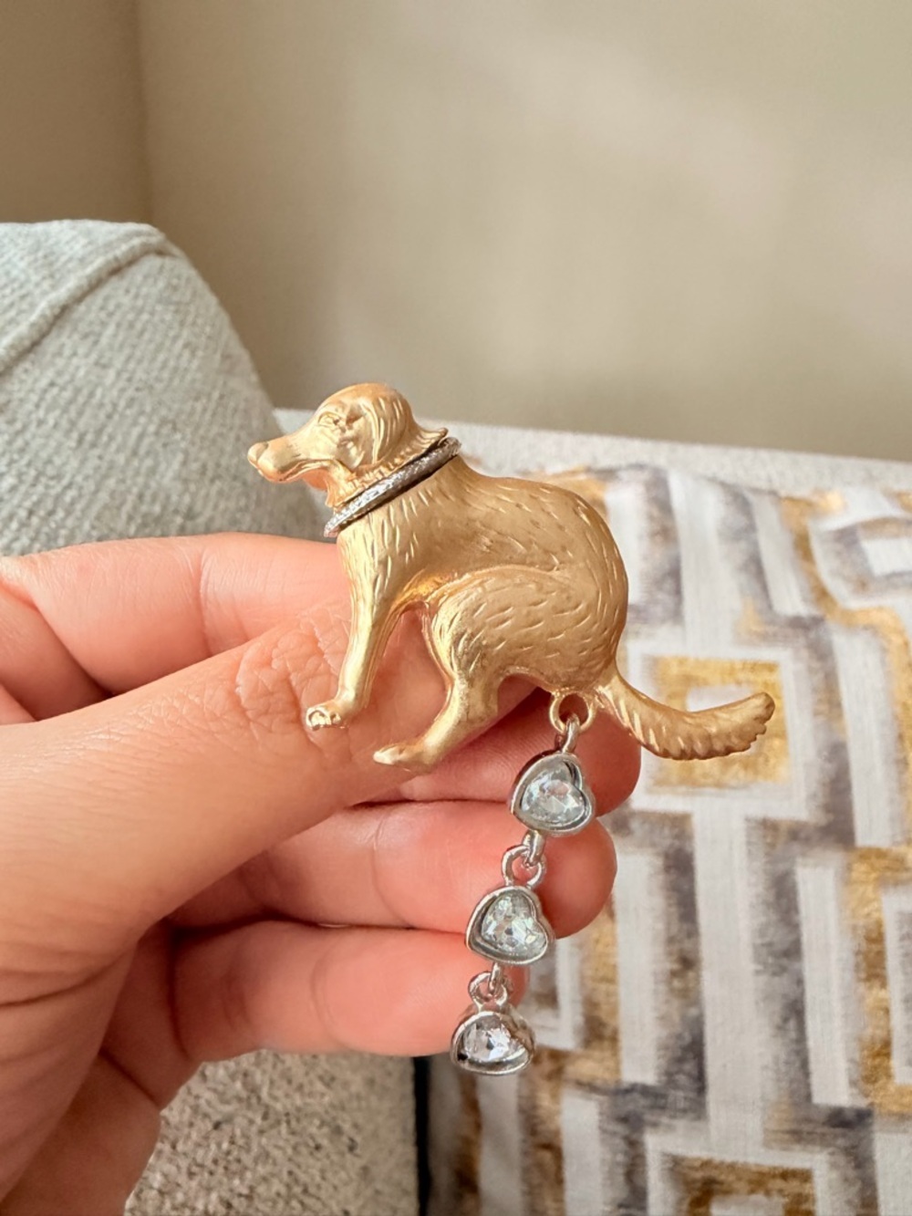 Gold Dog Pendant Charm with Clear Gem Drops - Pets Dog